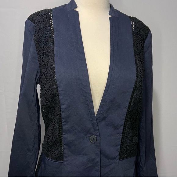 Elie Tahari Bonnie Blue Linen Blend Floral Crochet Lace Panel Blazer Size 8 - Picture 3 of 8